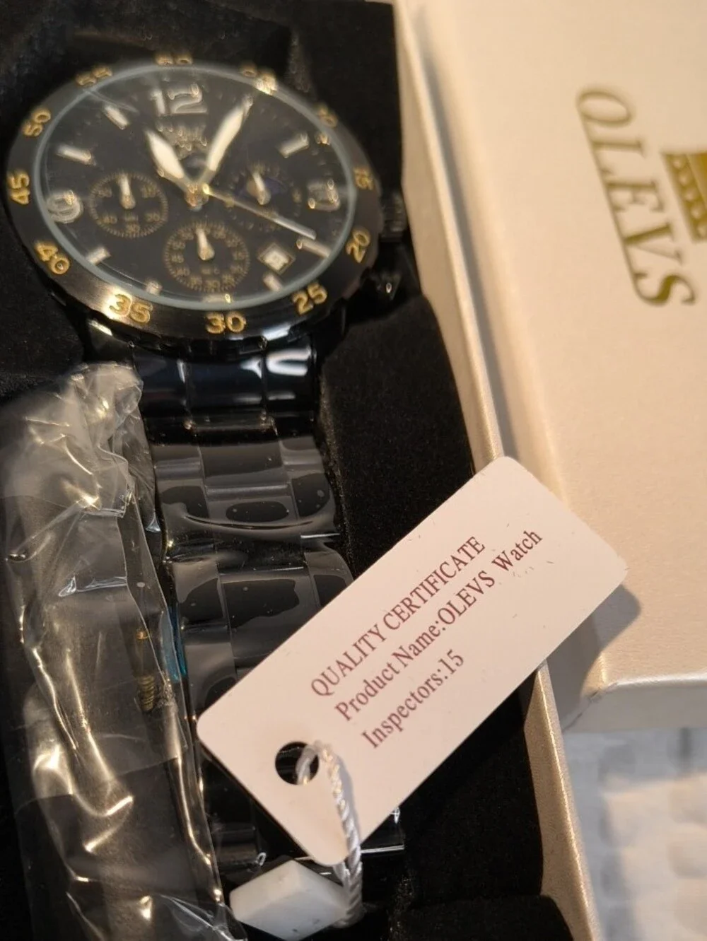 Olevs 3678 Black and Gold Men's Chronograph Watch Waterproof